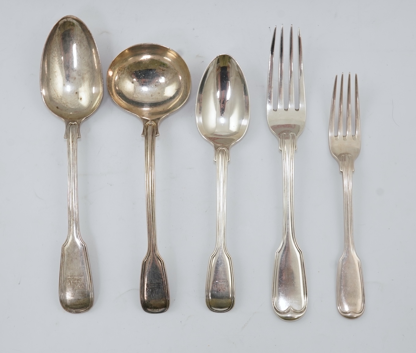 A part canteen of Victorian silver double struck fiddle and thread pattern flatware, by George Adams